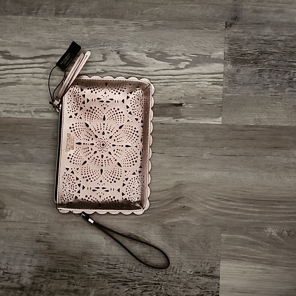 NWT Victoria Secret Wristlet Clutch Rose Gold Metallic Cut Out Make Up Bag